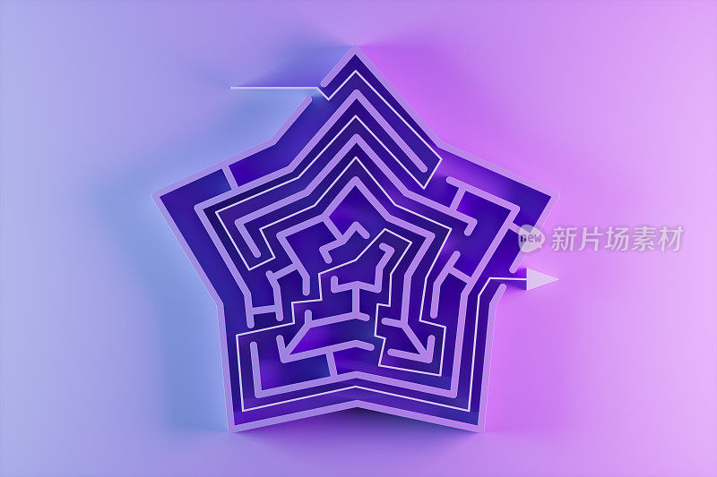 Labyrinth maze in star shape on lilac background with neon lighting